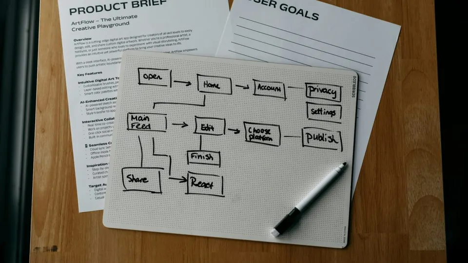 A hand-drawn workflow diagram next to a product brief and user goals sheet